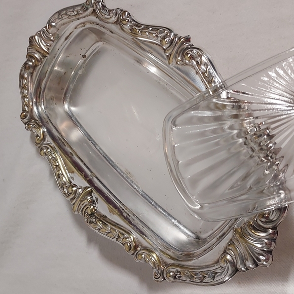 3pc Silver & glass Butter dish by Sheridan Silverplate vintage antique - Picture 6 of 15